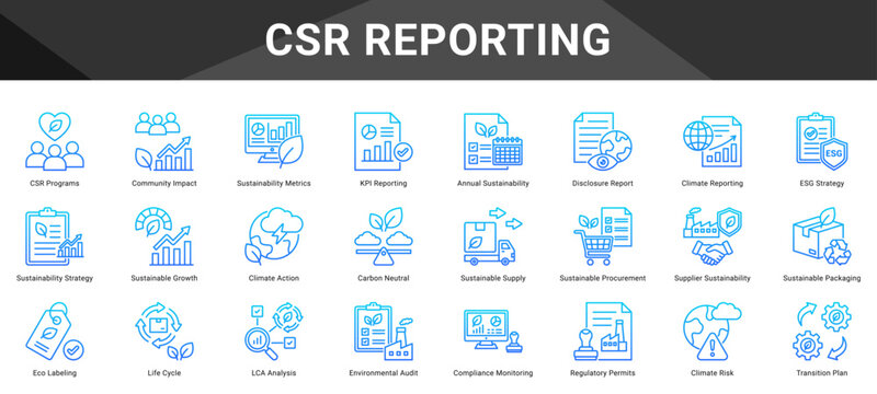 CSR REPORTING  Icon set collection. Vector icon pack featuring thematic icons for your presentations or business.