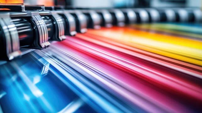 Vibrant color samples on a printing press showcasing a spectrum of hues and precise detail ideal for graphic design and commercial printing
