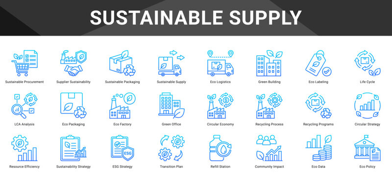SUSTAINABLE SUPPLY  Icon set collection. Vector icon pack featuring thematic icons for your presentations or business.