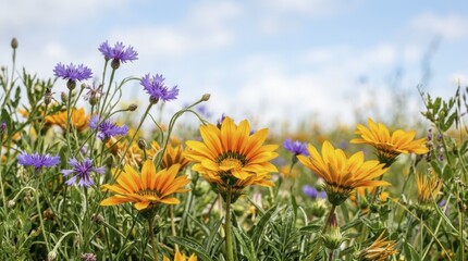 Fototapeta premium Wildflowers blooming in a sunny meadow during the summer season