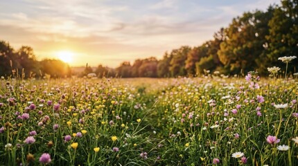 Fototapeta premium Wildflower meadow in golden hour sunlight during summer