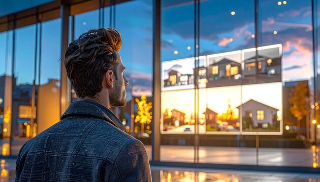 Hombre observando escaparate inmobiliario con viviendas iluminadas al anochecer