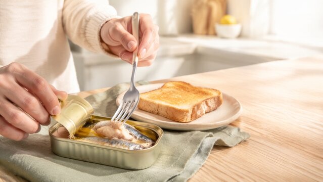 Canned sardines being served on toast with a fork in a cozy kitchen setting