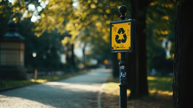 Yellow recycling sign posted on a black pole along a park path surrounded by trees