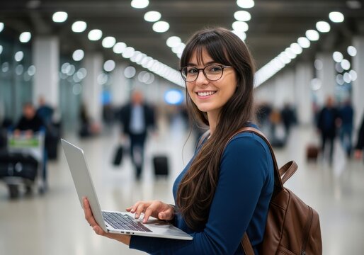 Professional using a laptop at a vibrant conference event isolated on transparent background