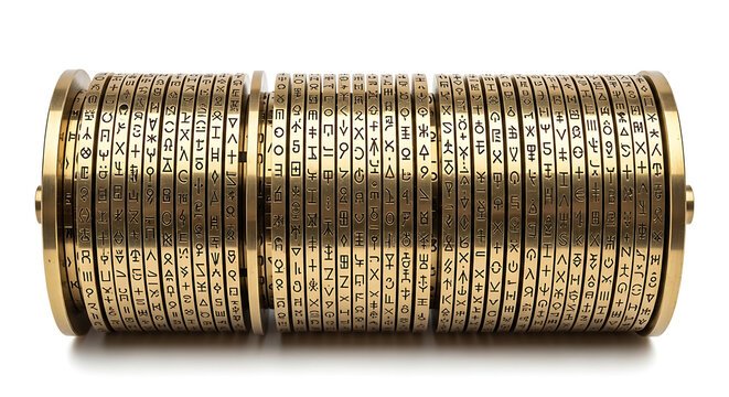Isolated antique brass cipher machine, a mechanical device for encoding and decoding secret messages