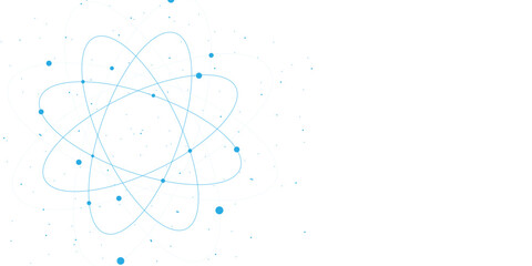 Minimalist blue atom model vector, scientific nuclear physics symbol with orbiting electrons, abstract molecular structure icon for laboratory research © Fou'adi