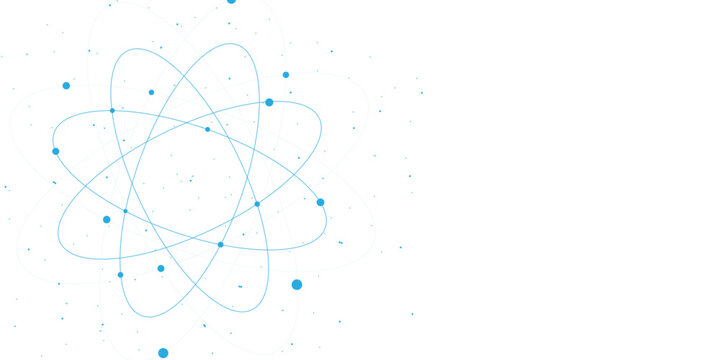 Minimalist blue atom model vector, scientific nuclear physics symbol with orbiting electrons, abstract molecular structure icon for laboratory research