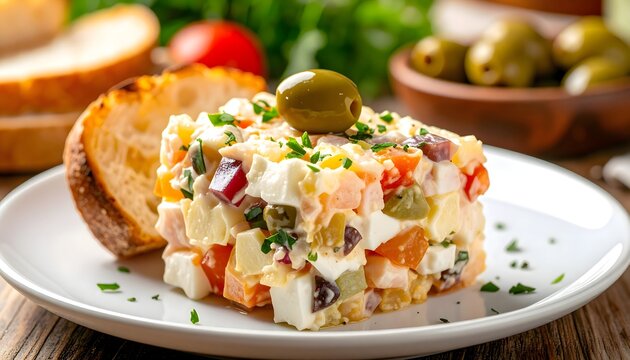 Ensaladilla rusa casera servida con aceituna verde y pan tostado en plato blanco