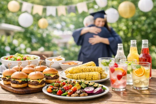 Graduation bbq party scene with outdoor food and drinks, perfect for festive background