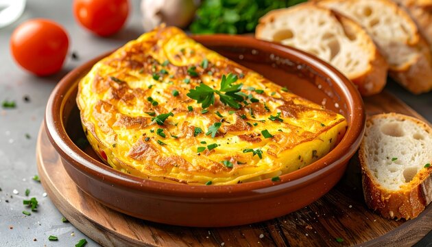 Tortilla espa&ntilde;ola dorada servida en cazuela de barro con pan y perejil fresco