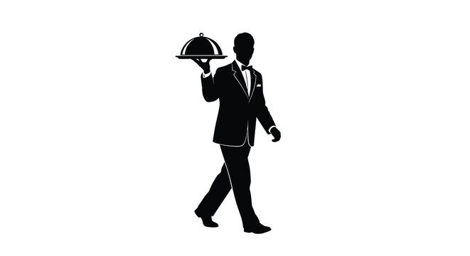 Waiter with covered tray presentation black silhouette