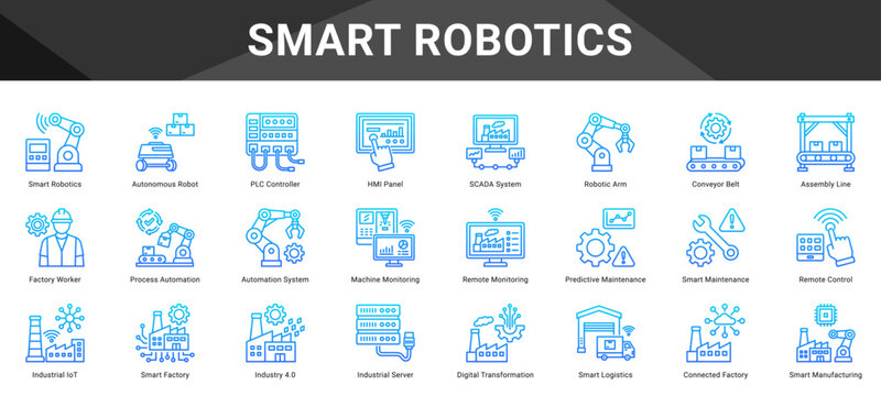 SMART ROBOTICS  Icon set collection. Vector icon pack featuring thematic icons for your presentations or business.