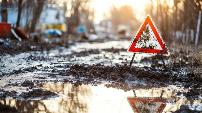 Warning signs mark toxic sludge in a neglected industrial area under bright daylight