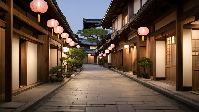Calle tradicional japonesa iluminada con farolillos al anochecer en un barrio hist&oacute;rico