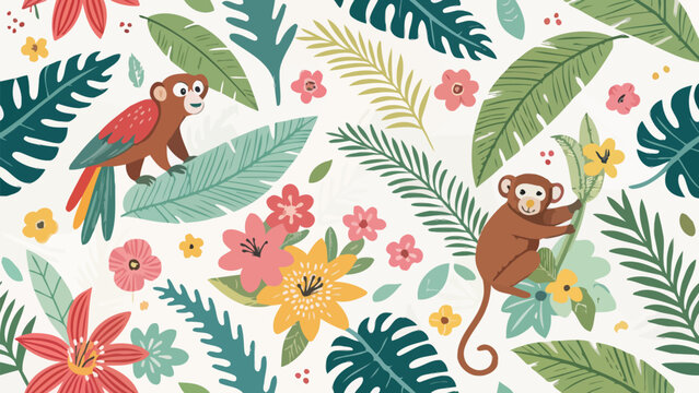 Seamless pattern with cute monkeys, tropical leaves and exotic flowers jungle background with wild animals and botanical elements for textile, wallpaper or wrapping paper design