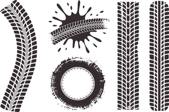 Collection of dark gray tire tracks and mud splatter white background, tread