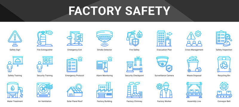 FACTORY SAFETY  Icon set collection. Vector icon pack featuring thematic icons for your presentations or business.