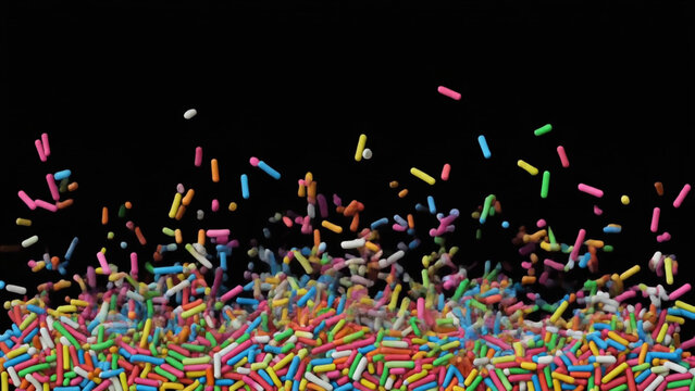 Colorful sprinkles falling on a black background animation seamless loop for design