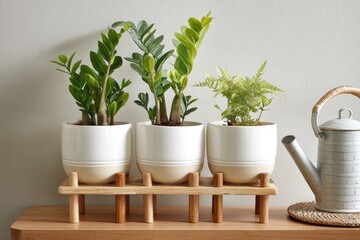 Fototapeta premium Three potted plants arranged on a wooden stand with a watering can
