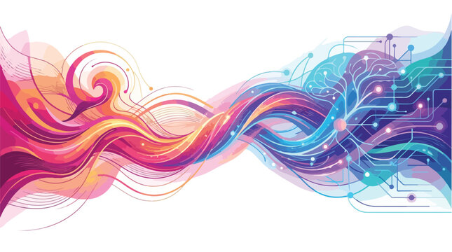 Abstract digital art representing the fusion of human creativity and artificial intelligence with flowing colorful waves and circuit board elements