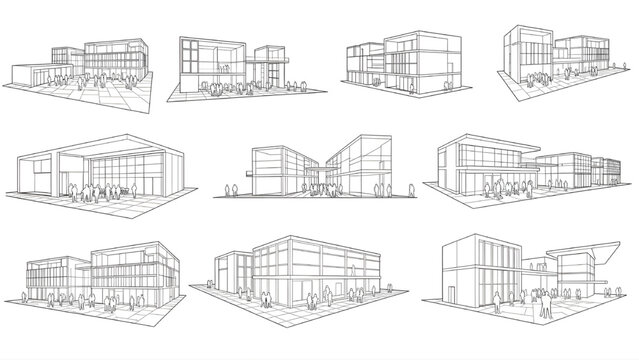 Urban District Infrastructure System &ndash; CAD Architectural Drawing Outline Silhouette Vector Set on Isolated White Background
