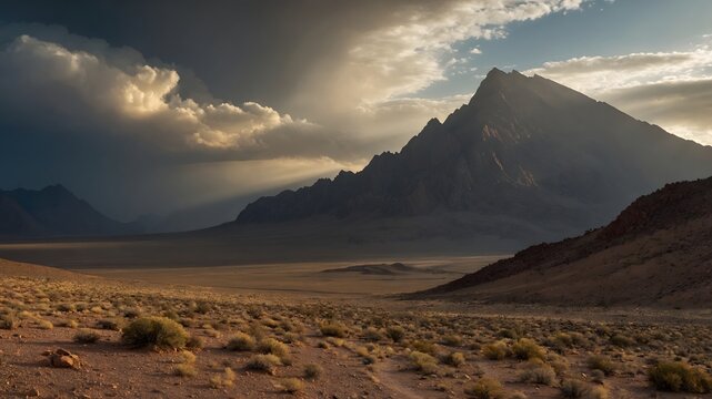 Paisaje monta&ntilde;oso des&eacute;rtico con luz dram&aacute;tica entre nubes al atardecer