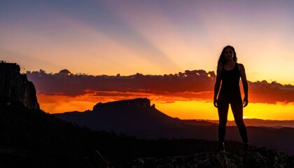 Fototapeta premium Silhouette of a woman standing on a mountain at sunset.