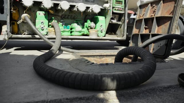 Pipes fill an underground fuel tank from a tanker during an oil crisis