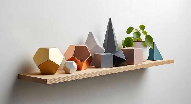 Assortment of Geometric Decorative Objects on a Wooden Shelf.