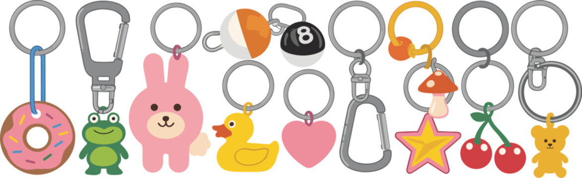 Collection of colorful cartoon keychains on white 