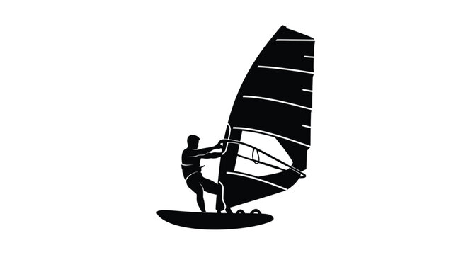 Silhouette illustration of a windsurfer actively balancing and controlling the sail on a board on white background