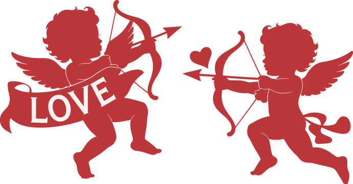 Red silhouettes of cupids with bows and arrows love