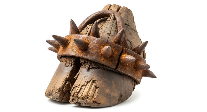 Weathered ancient animal hoof with a heavily rusted, ominous spiked iron collar, isolated on a crisp white background