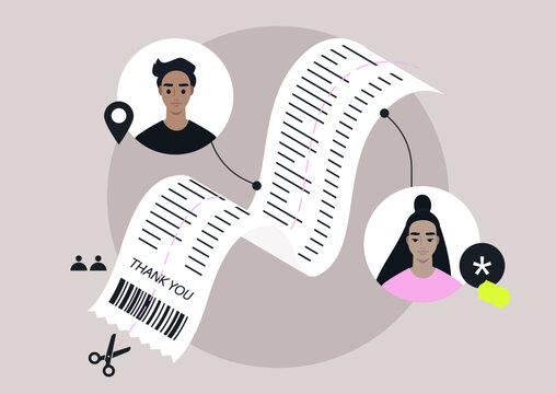 Two avatars display a stylish interaction around a receipt, This clever design illustrates the theme of sharing expenses and financial collaboration.