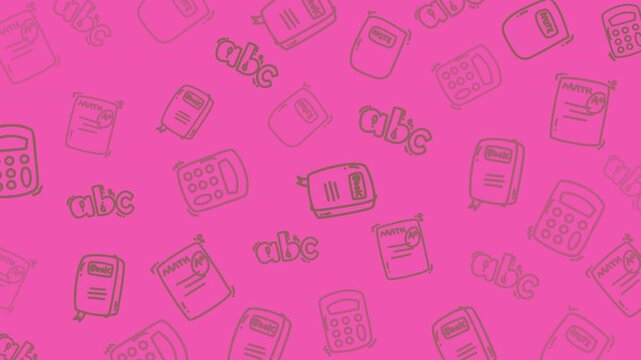 Seamless looping math education pattern with calculators, books, ABC letters, and study icons on pink background. Fun academic motion graphic animation.