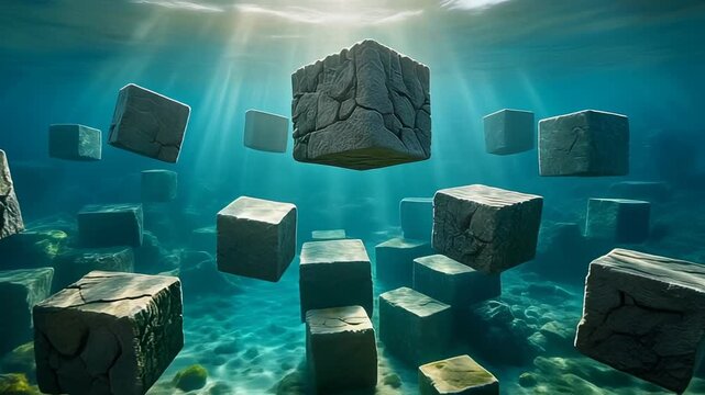 Stone cubes float under water, lit by sunbeams
