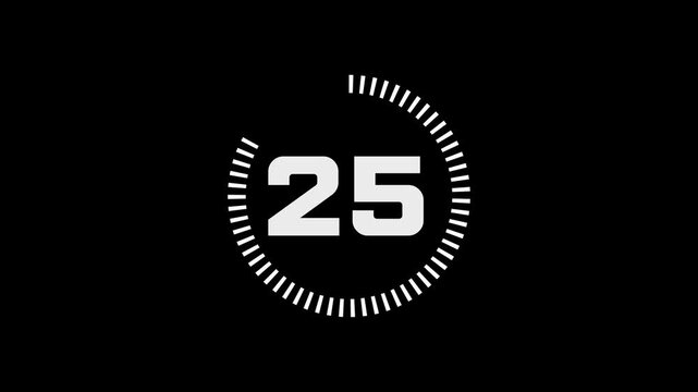 Circle countdown timer animation, 30 to 0 seconds digital countdown, motion graphics loop, clean UI timer, black background, alpha channel, seamless 4K video