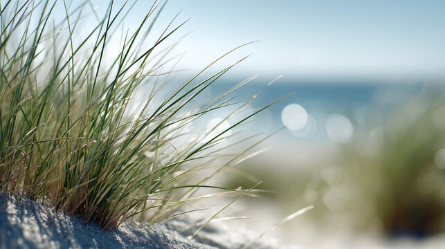 Beach grass growing on sandy dunes with soft ocean waves in the background under bright sunlight.