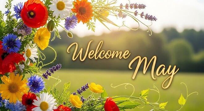 welcome may floral greeting with vibrant spring flowers and golden sunlight