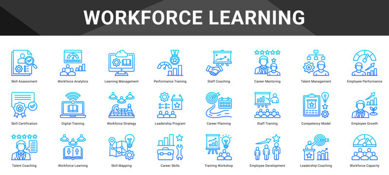 WORKFORCE LEARNING  Icon set collection. Vector icon pack featuring thematic icons for your presentations or business.