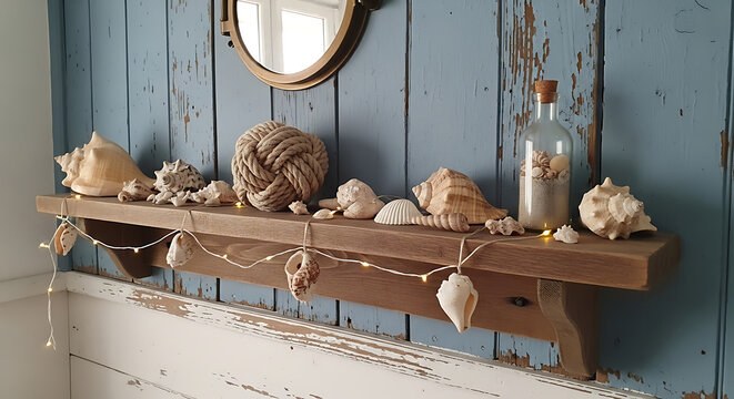 Rustic Wooden Shelf Displaying Seashells and Nautical Decor.