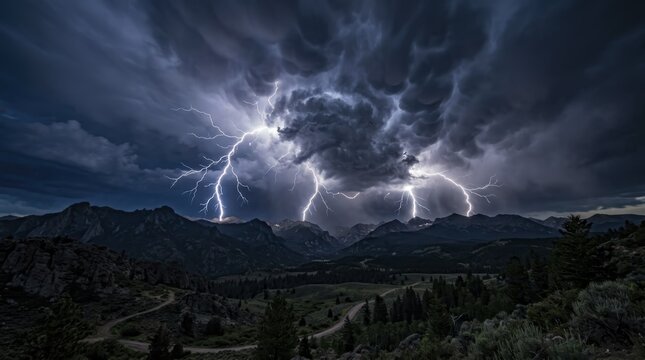 Powerful lightning strikes illuminating the night sky over a summer mountain range