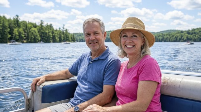 Happy middle aged couple smiling while riding a pontoon boat on a lake in summer