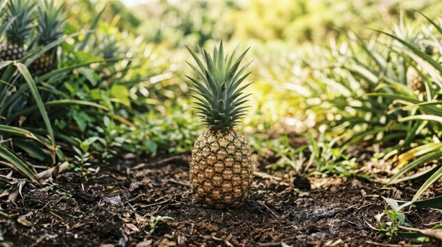 Ripe pineapple growing in a tropical organic fruit plantation during summer