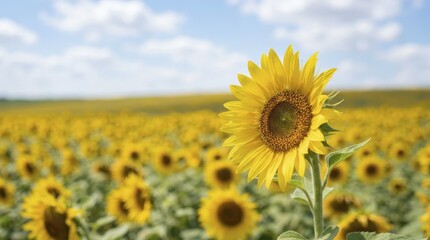 Obraz premium Single sunflower standing in a large agricultural field during summer