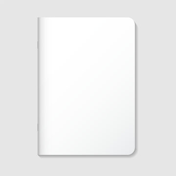 Blank white notebook mockup rounded corners and staple saddle stitch binding. Vertical thin paper booklet or exercise book isolated for branding and stationery. Realistic vector illustration.