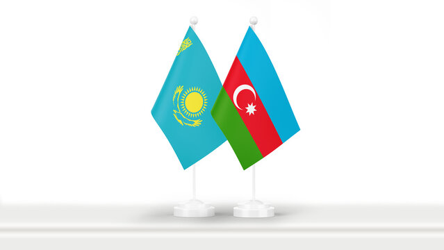 State flags of Azerbaijan and Kazakhstan, isolated on white background. Concept of official meetings, events and summits on government level.