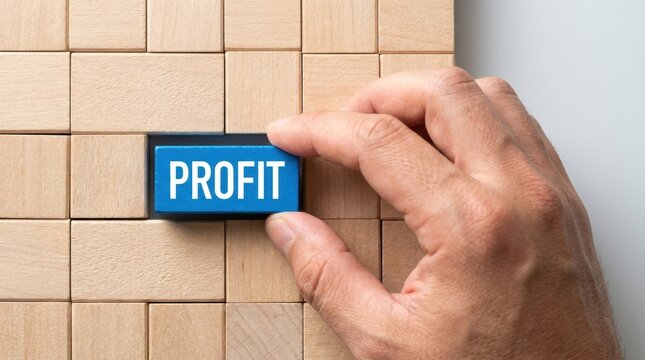 A hand inserts a blue block with the word "PROFIT" into a wooden puzzle, symbolizing business growth and financial gain.