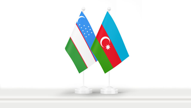 State flags of Azerbaijan and Uzbekistan, isolated on white background. Concept of official meetings, events and summits on government level.